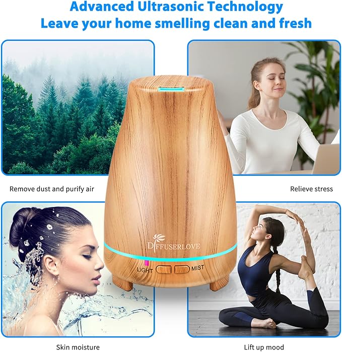 Diffuserlove Essential Oil Diffusers 200ML Diffuser Remote Control Aromatherapy Diffuser with 7 Color Lights, Auto Shut-Off for Bedroom Office Kitchen (Yellow Wood Grain) Diffuserlove