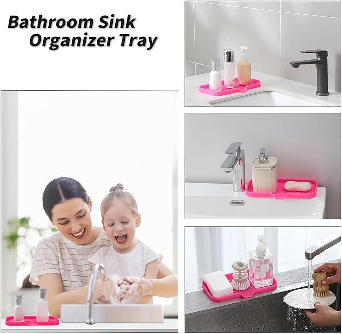 Silicone Bathroom Soap Dishes with Drain Spout-Bathroom and Kitchen Sink Organizer,Sponge Holder,Dish Soap Tray,Perfect for Dispenser,Scrubber,Bottle,Cup on Sink or Counter-Rose 9.6"×5.3" - Bloomnest