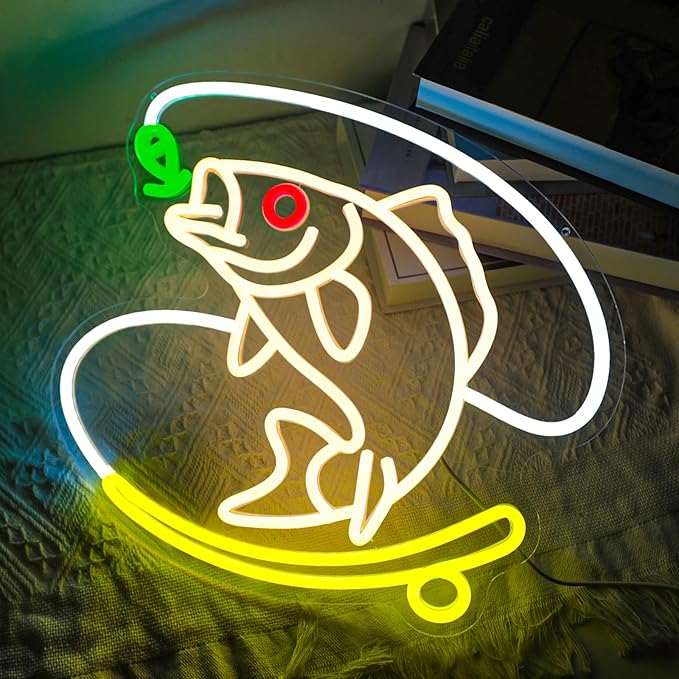 Fishing Neon Sign, Dimmable Fish LED Neon Lights for Wall Decor, USB Powered Fishing Hook Neon Lights for Man Cave, Cabin, Living Room, Fishermen Gifts (14.6 x 13.3 in) - Bloomnest