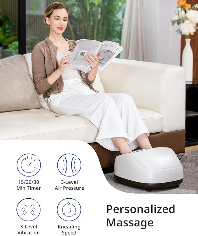 Foot Massager with 2 Level Heat, 3 Level Air Compression & Vibration, Deep Kneading Shiatsu, Remote Control & Timer for Pain Relief, Neuropathy, Plantar Fasciitis, Comfort for Long Stand & Fitness - Bloomnest
