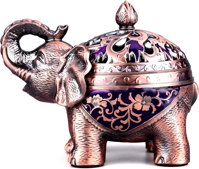 K COOL Metal Backflow Incense Holder Elephant Cone Incense Burner Candle Holder with Lid, Aromatherapy Ornament Home Office Decoration for Indoor Outdoor (Purple) - Bloomnest