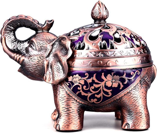 K COOL Metal Backflow Incense Holder Elephant Cone Incense Burner Candle Holder with Lid, Aromatherapy Ornament Home Office Decoration for Indoor Outdoor (Purple) - Bloomnest