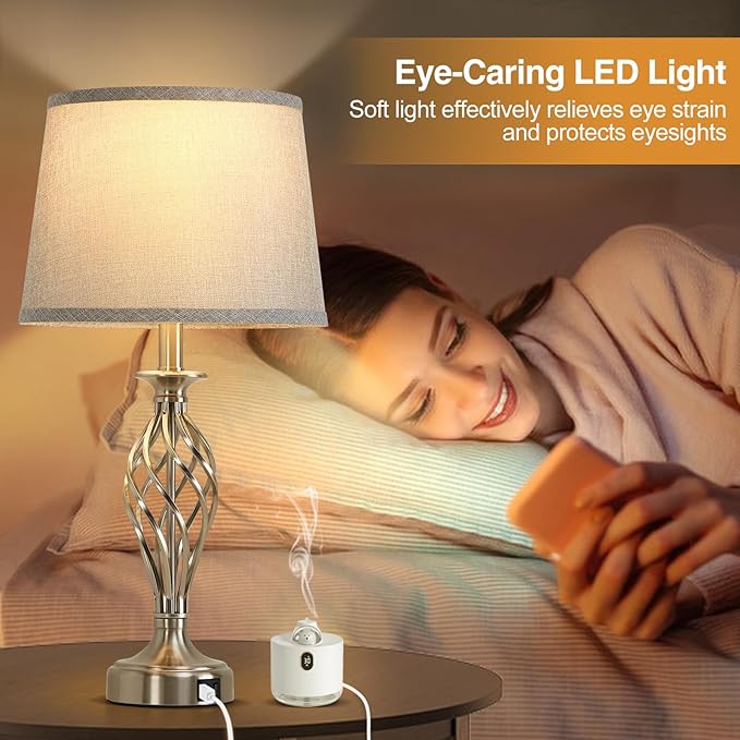 Nightstand Table Lamps for Bedrooms Set of 2 with USB C+A, Bedside Lamps with Spiral Cage Base, Tall Living Room Lamps for End Tables, Modern Night Stand Lamps for Bed Side Guest Room Bulbs Included - Bloomnest