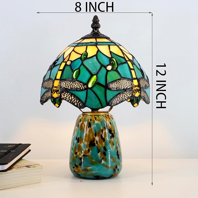 Tiffany Mushroom Table Lamp Dragonfly Style Blue Yellow Stained Glass Accent Lamp Brown Blue Glass Base 8X8X12 Inch - Bloomnest