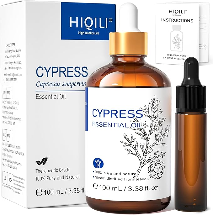 HIQILI 100ML Cypress Essential Oil, 100% Natural for Diffuser, Skin Care, Includes 10ML Travel Bottle - 3.38 Fl Oz - Bloomnest