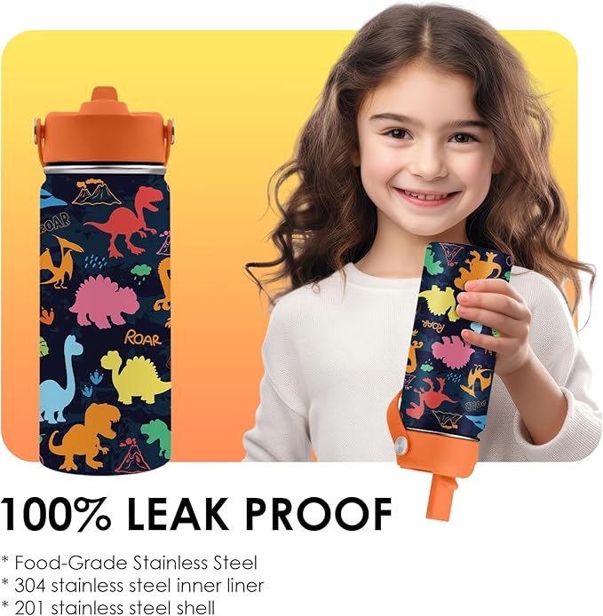 Dinosaur Gifts for Kids - 16oz Colorful Dino Water Bottle with Straw Lid, Stainless Steel Insulated Tumbler, Leakproof, BPA-Free, for Boys & Girls, School, Travel - Dino Lovers Birthday Gift Cup (1pc) - Bloomnest