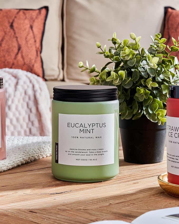 M&SENSE Eucalyptus & Mint Candles for Home Scented, 19.4oz 110 Hours Burn Soy Aromatherapy Candle Gift for Stress Relief, Meditation, Yoga, Relaxing SPA, Natural Soy Wax for Men and Women - Bloomnest