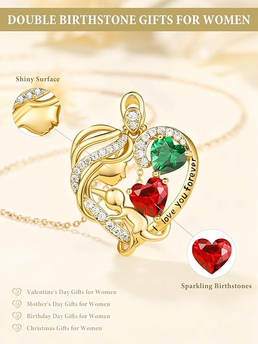 14K Gold Double Birthstone Heart Necklace for Women Mom, Mother Son/Daughter Pendant Necklace for Christmas Mother's Day Birthday Gifts for Wife Daughter Grandmom - Bloomnest