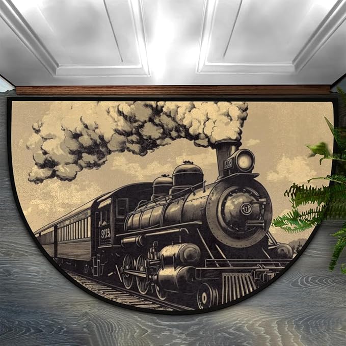 Half Round Door Mat,Old Train Steam Locomotive Half Circle Rug for Home Decor Floor Indoor Outdoor Non-Slip Washable Steam Train Half Moon Rug Doormat 36X24 Inch - Bloomnest