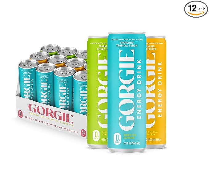 GORGIE Tropical Variety, Sugar-Free Natural Energy Drink Sparkling, Healthy Energy Drinks - Green Tea, Biotin, B Vitamins -150mg Caffeine, Vegan, & Low Calorie (Pack of 12) - Bloomnest