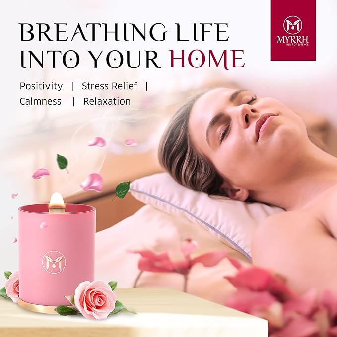 MyrrhUSA Rose Scented Candle – 15 oz Natural Soy Wax with Crackling Wooden Wick & Essential Oils | 80 Hour Burn | Luxury Aromatherapy Candle for Relaxation, Home Décor, Living Room & Bathroom - Bloomnest