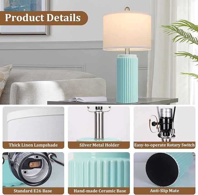 23.5’’ Light Green Coastal Table Lamps for Bedroom Set of 2, Modern Ceramic Nightstand Lamps for Living Room, Elegant Bedside Lamps with White Line Shade Set for Reading, Farmhouse Side Table Lamps - Bloomnest