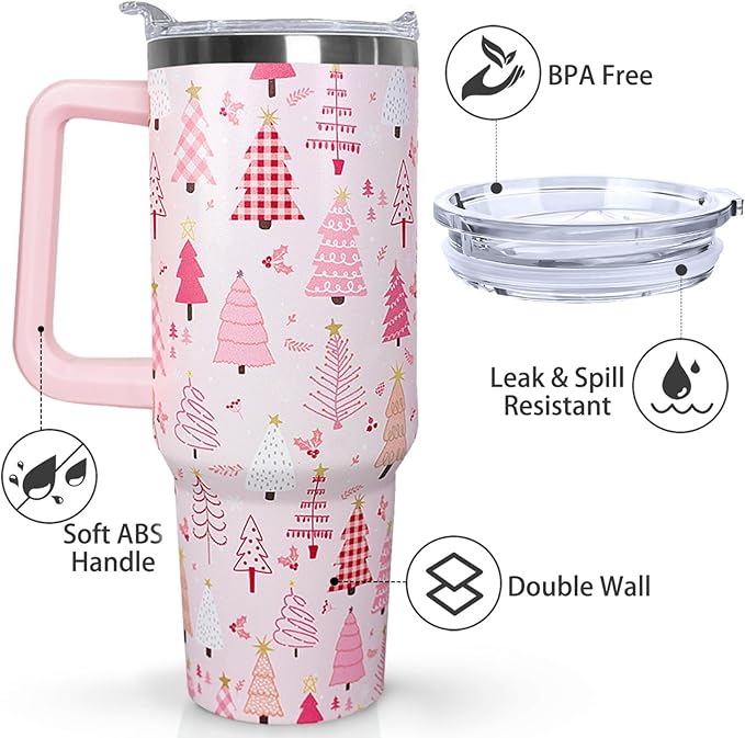 Ceovfoi 40 Oz Pink Christmas Tree Tumbler With Handle,Christmas Tree Coffee Travel Mug Cup,Christmas Decor,Christmas Gifts for Women - Bloomnest
