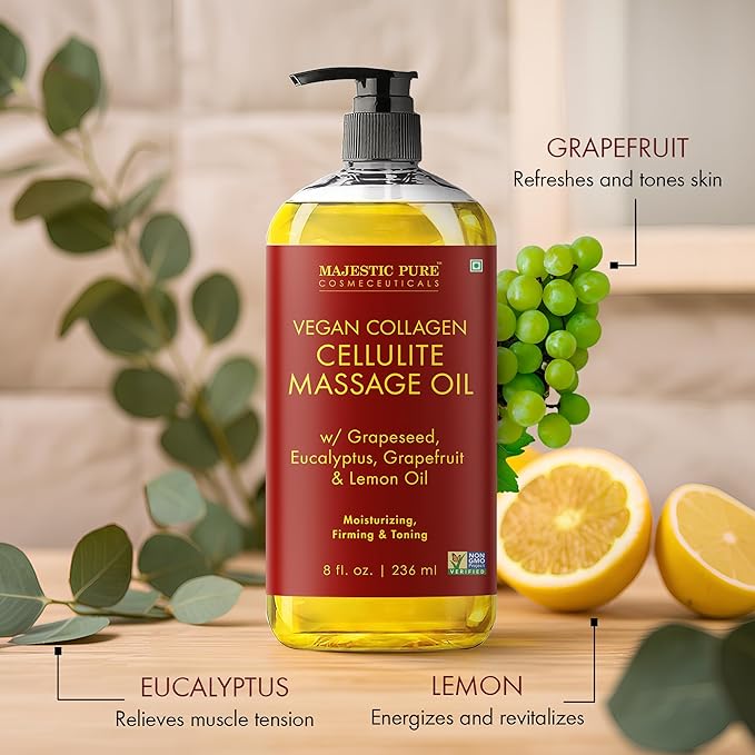 MAJESTIC PURE Massage Oil for Massage Therapy - Refreshing, and Relaxing - Natural Oils - for All Skin Types - Men and Women (8 Fl Oz, Cellulite Massage Oil with Roller) - Bloomnest