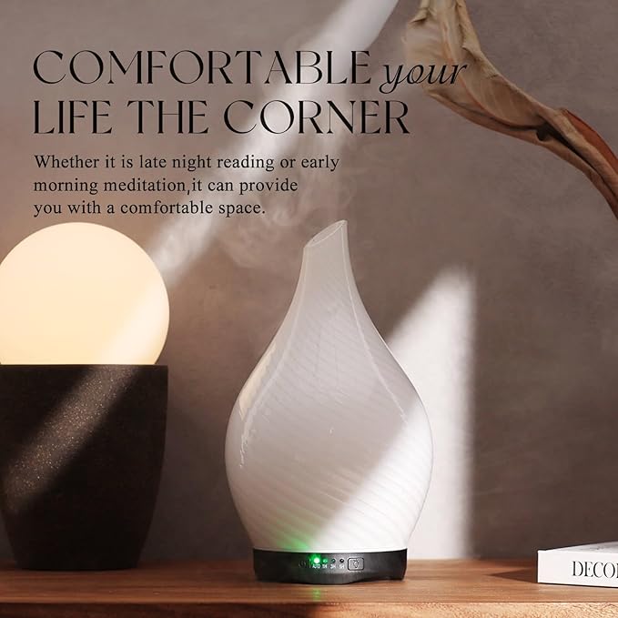 Porseme 280ml Essential Oil Diffuser Glass Color Changing Aroma Air Diffusers Aromatherapy Ultrasonic Cool Mist Humidifier 7 Running Hours Waterless Auto-Off for Sleeping Yoga Office Spa(Pure White) Porseme
