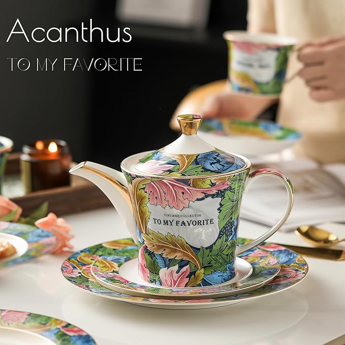 ACMLIFE Tea Cup and Saucer Set for 1, Vintage Floral Bone China Tea Cup Set with Saucer 24K Gold, Porcelain Tea Cup with Spoon and Gift Box, 6.8 oz (Green) - Bloomnest