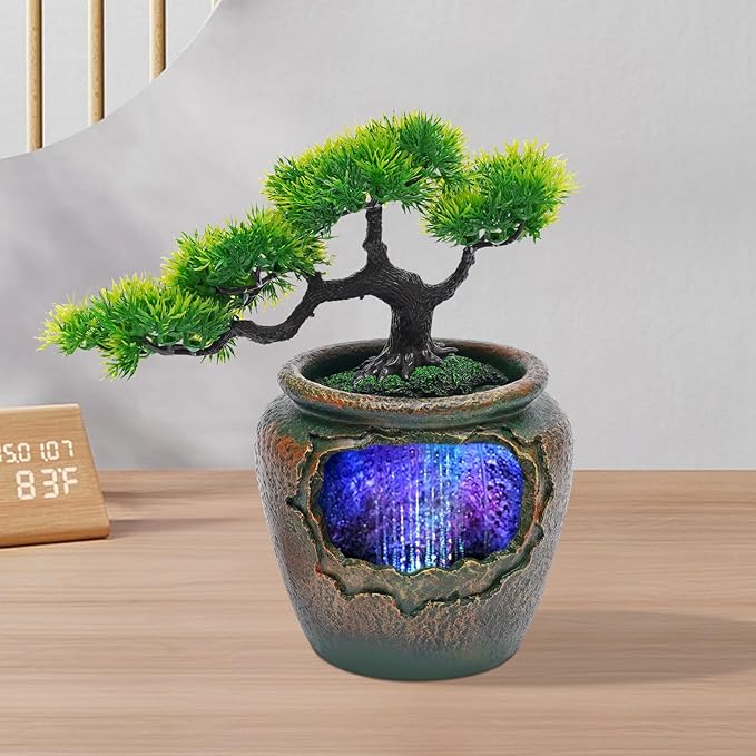 Gdrasuya10 Tabletop Rockery Fountain Indoor Waterfall Bonsai Desktop Mini Rockery Water Fountain with Automatic Pump and LED Light, Home Office Bedroom Humidifier Desk Decorate