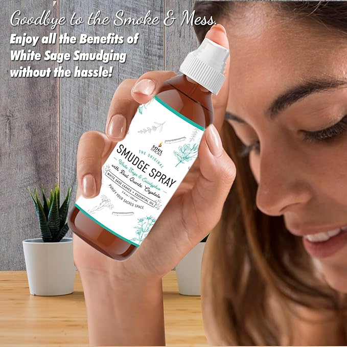 SOUL STICKS White Sage & Eucalyptus Smudge Spray – 3.5oz Smokeless Energy Mist with Quartz Crystals – Essential Oil Spray for Focus, Clarity, Aura Cleansing, Meditation, and Home Refreshing SoulSticks