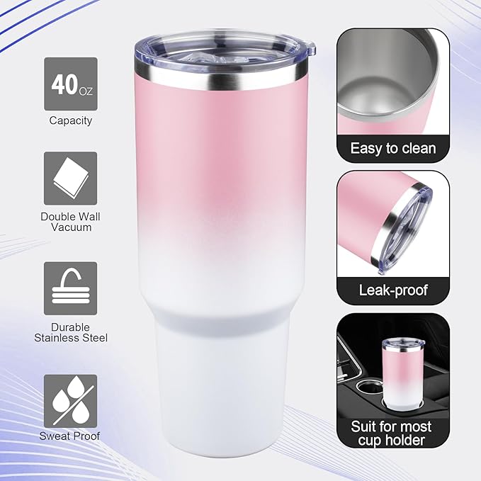 40 oz Tumbler with Lids and Straws Double Wall Vacuum Insulated Tumbler Cup,Stainless Steel Leak-proof Thermal Tumbler Powder Coated Travel Coffee Mug for Cold and Hot Drinks,Pink White - Bloomnest