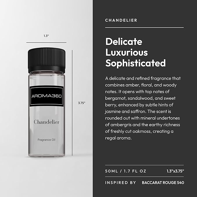 Aroma360 - Chandelier Fragrance Oil Blend | Hotel Inspired for Luxury Essential Oil Diffusers | Aromatherapy Scent Diffuser Oil | Bergamot, Woodsy Sandalwood, and Flirtatious Saffron - 50ML - Bloomnest