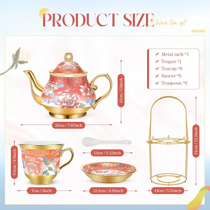 20 Pcs Porcelain Tea Set for Adults with Metal Holder and Spoon European Ceramic Tea Party Set Flower Painting Teapot Cup Saucer for Christmas Women Gifts, Serving 6 People(Attractive) - Bloomnest