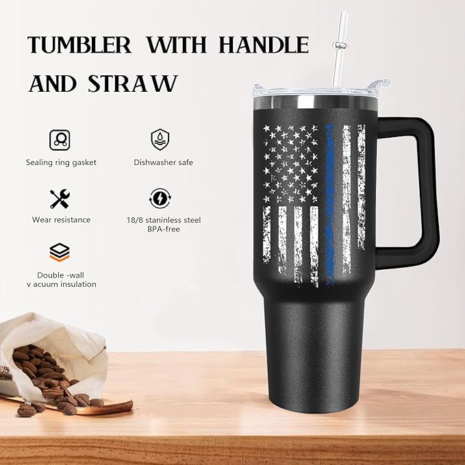 Ceovfoi 40 oz Tumbler with Handle lid and Straw, American Flag Blue Line Stainless Steel Dad Travel Tumbler Cup Mugs,Police Academy Graduation Gifts, Police Gifts for Men Dad - Bloomnest