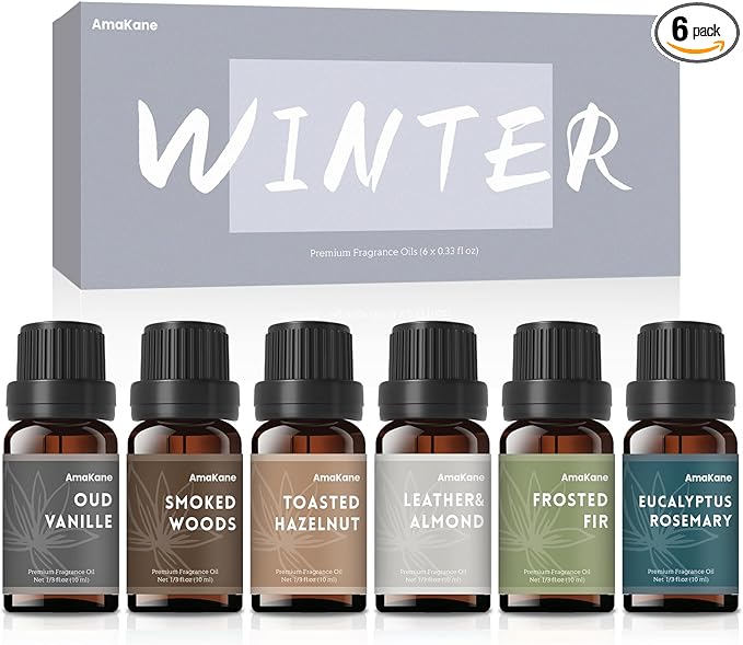 AmaKane Winter Fragrance Oil, Holiday Diffuser Oil Scents, Candle Scents for Candle Making, Soap Making Scents, Oud Vanille, Frosted Fir, Leather Almond and More Essential Oils 6x10ml AmaKane
