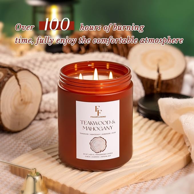 Teakwood & Mahogany Large Scented Candle, 3-Wick 22oz Long Lasting Scented Candle, Natural Soy Wax Aromatherapy Candle for Home, Autumn Candle Gifts for Women Men - Bloomnest
