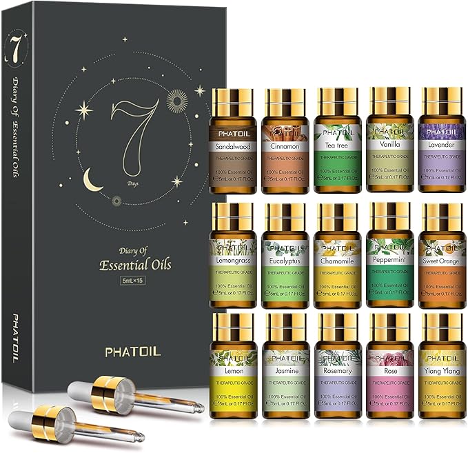 PHATOIL Essential Oils Gift Set 15 x 5ml, Pure Essential Oil Aromatherapy Oil for Skin Care, Hair Care, Bath, Ideal for Humidifier, Diffuser, Relax - Bloomnest