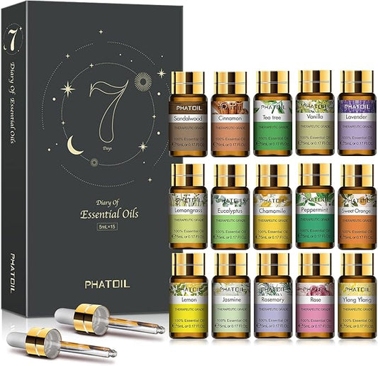 PHATOIL Essential Oils Gift Set 15 x 5ml, Pure Essential Oil Aromatherapy Oil for Skin Care, Hair Care, Bath, Ideal for Humidifier, Diffuser, Relax - Bloomnest