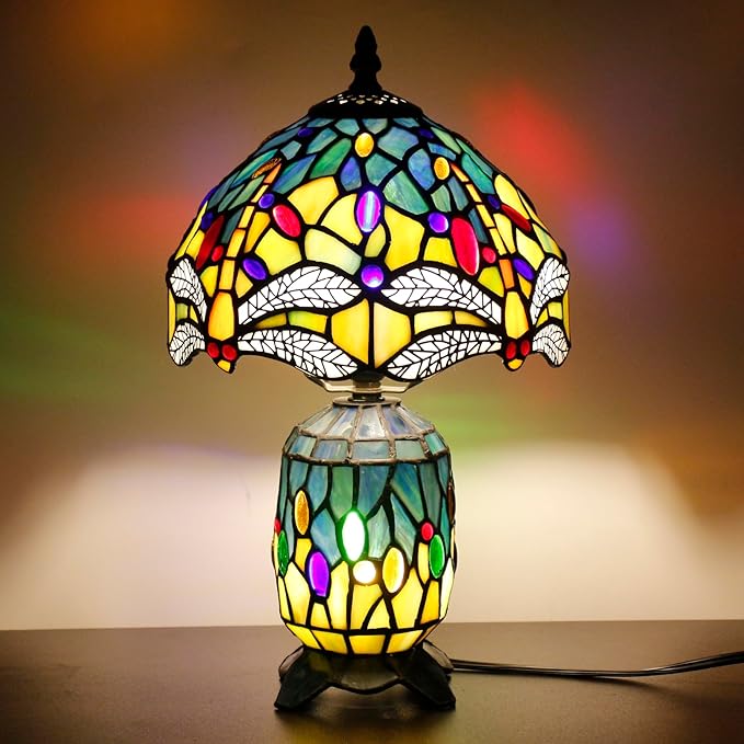 Small Tiffany Lamp Stained Glass Table Lamp Mini Mother Daughter Vase Desk Accent Night Light for Bedroom Bedside Reading Home Antique Style 8X14 Inches (Sea Blue Yellow) - Bloomnest