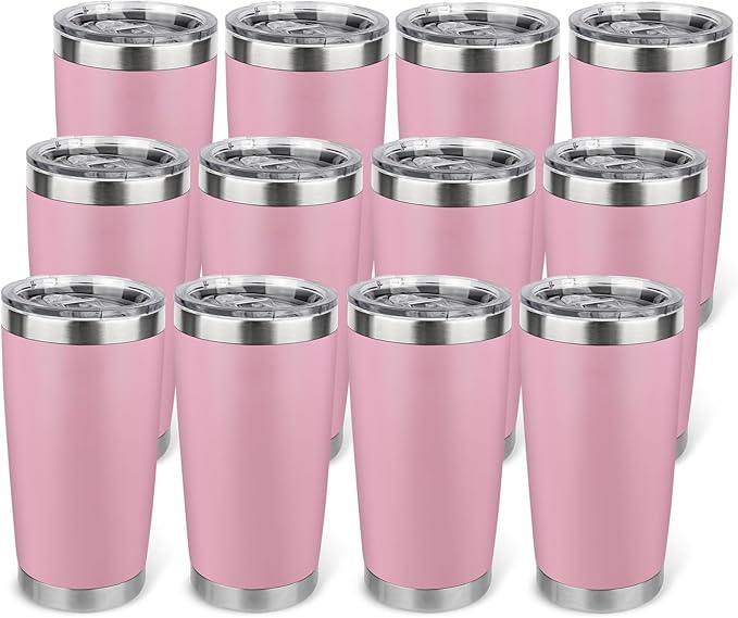 20oz Stainless Steel Tumbler Bulk with Lid, Travel Mug - Double Wall Vacuum Powder Coated Cup - Light Pink, 12 Pack - Bloomnest