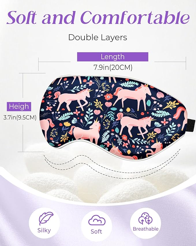 Sleep Mask for Kids - Cute Kawaii Cartoon Silk Sleeping Mask with Adjustable Strap Soft Smooth Light Eye Mask for Sleeping Silk Kids Eye Cover for Boys Girls Teens, BU Wildflower Unicorn - Bloomnest