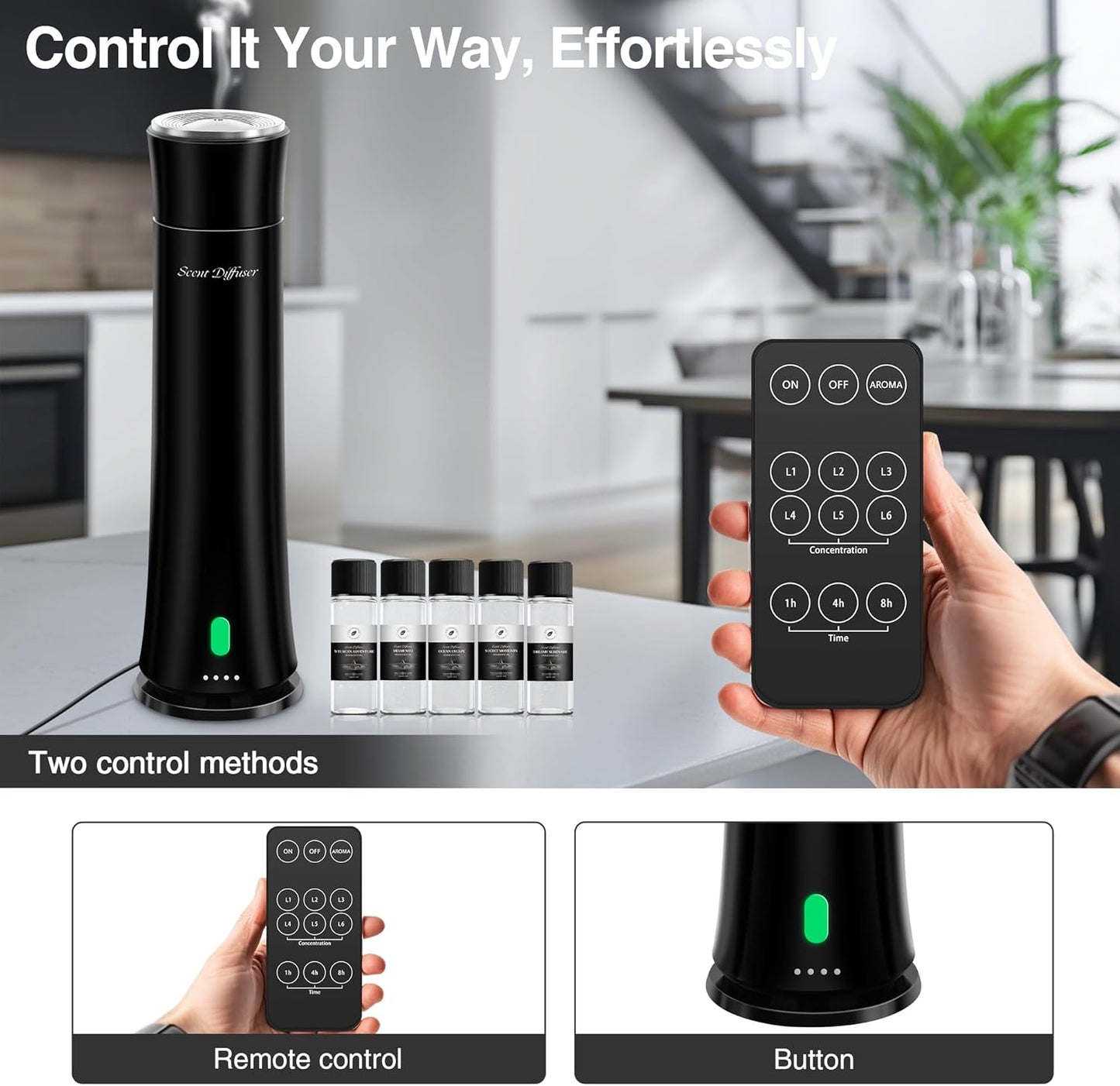 Hotel Scent Diffuser Starter Kit - 1500 Sq Ft Coverage, Premium Plastic Essential Oil Diffuser, Waterless Diffuser for Home, Hotel, Office, 5 Scent Essential Oils Included, Large Room, Black, 11In