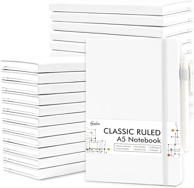 feela College Ruled Notebooks, 24 Pack Business Notebook Hardcover Lined Writing Journal with Pen Holder for Men Women Note Taking, with 24 Black Pens, 120 GSM, 5.1”x8.3”, A5, White - Bloomnest