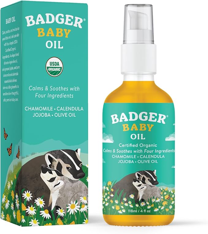 Badger Baby Oil, 100% Organic Ingredients to Soften & Moisturize Dry Skin or Cradle Cap, Soothing Vegan Organic Baby Oil, 4 fl oz Glass Bottle - Bloomnest