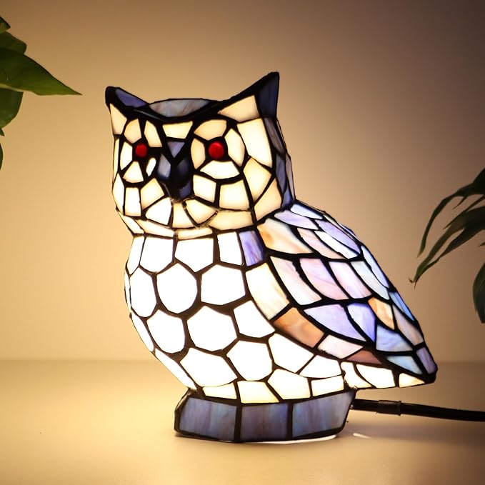 Tiffany Owl Lamp Blue and White Stained Glass Animal Table Lamp Accent Lamp - Bloomnest