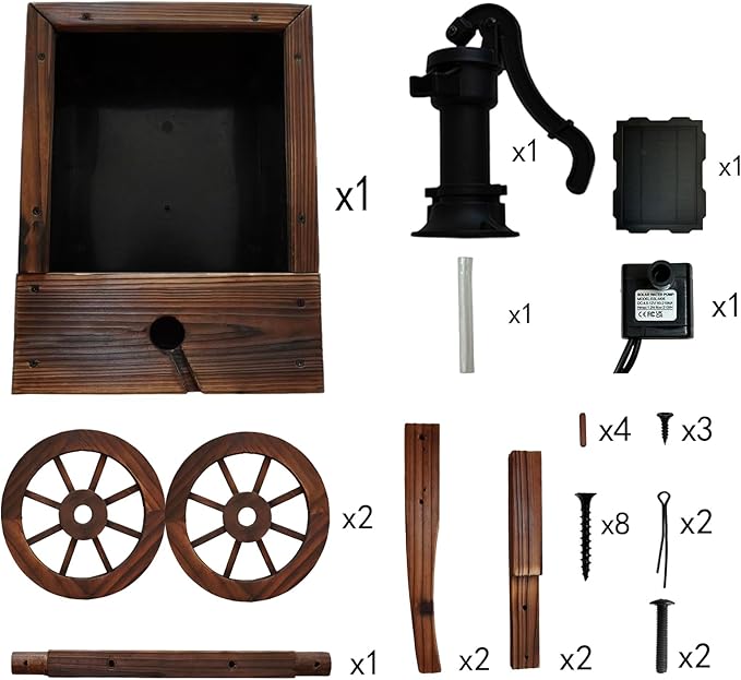 Carbonized Wood Outdoor Freestanding Fountain - Movable Vintage Hand Pump Cart, Solar-Powered Electric Decorative Water Feature for Patio, Garden & Indoor Decoration - Bloomnest