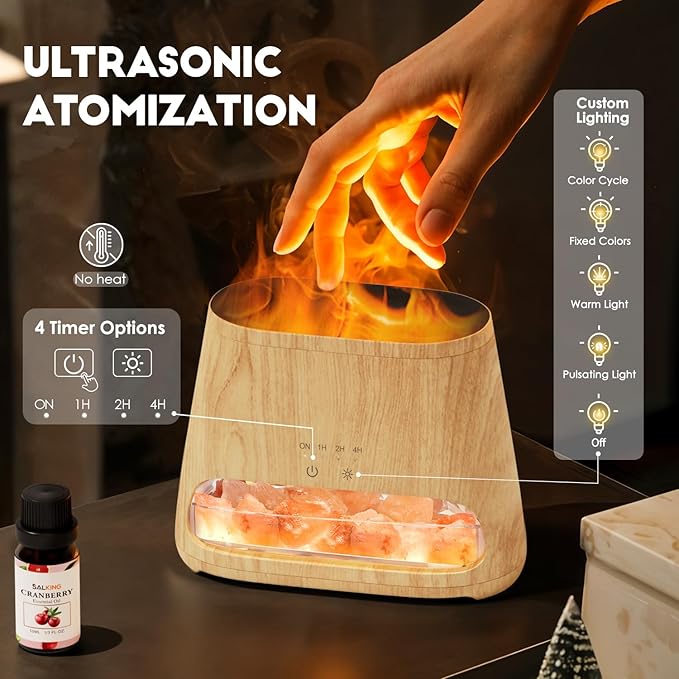 SALKING Colorful Flame Fire Diffuser Humidifier, Himalayan Salt Lamp, 7 Colors Changing Oil Diffuser, Ultra-Quiet Essential Oils Aromatherapy Diffusers for Large Room, Bedroom,150ml (Wooden Grain)