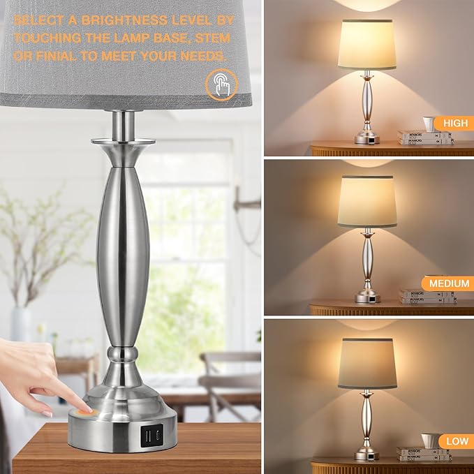 Bedrooms Touch Control Bedside Lamp with USB C+A, 3 Way Dimmable Nightstand Lamps with USB Port, Brushed Nickel Table Lamp for Living Room Guest Room Bed Side End Table, Set of 2 - Bloomnest