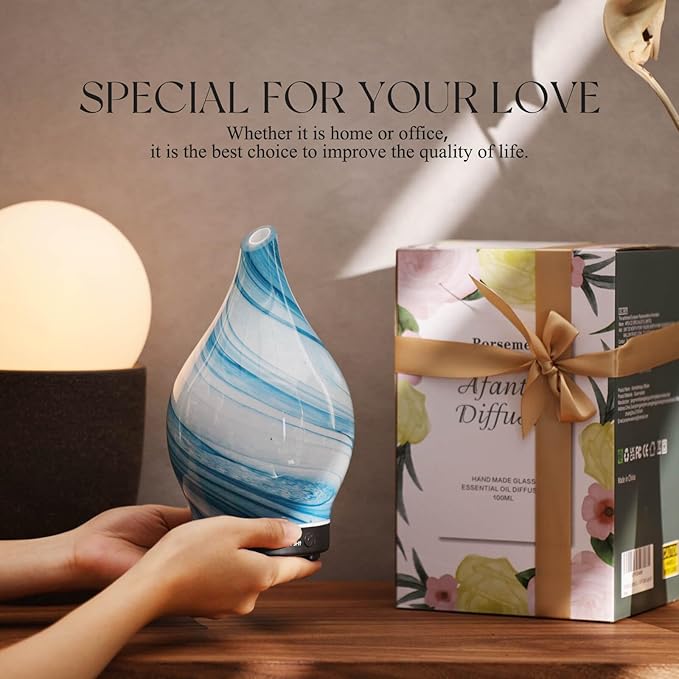 Porseme 150ml Essential Oil Diffuser Glass Color Changing Aroma Air Diffusers Aromatherapy Ultrasonic Cool Mist Humidifier 6 Running Hours Waterless Auto-Off for Sleeping Yoga Office Spa (Blue Ink) - Bloomnest