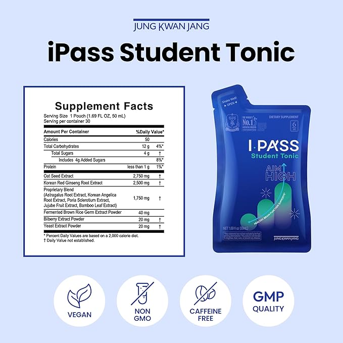 JungKwanJang iPass Student Tonic - Adaptogen Energy Drink Supplement with Korean Red Ginseng, Jujube, Astragalus & Angelica - Daily Support for School and Activities (30 Pouches, 1.69 fl oz) - Bloomnest