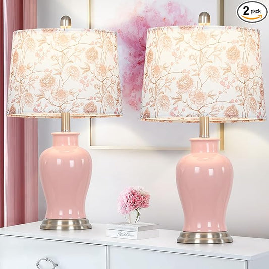 Pink Ceramic Table Lamp with Flower Lampshade, 23" Cute Bedroom Lamp with Ginger Jar Design, Modern Living Room Lamps Set 2, Elegant Bedside Lamps for Nightstand End Table Home Decor - Bloomnest