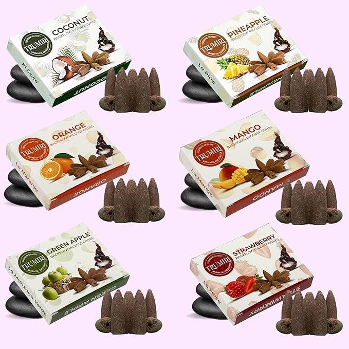 Fruity - Backflow Incense Cones for Waterfall - Scented Inscents-Cones - Pineapple, Strawberry, Coconut, Mango, Apple, Orange - Insiensos Aromaticos - 6x10=60 Large Variety Pack