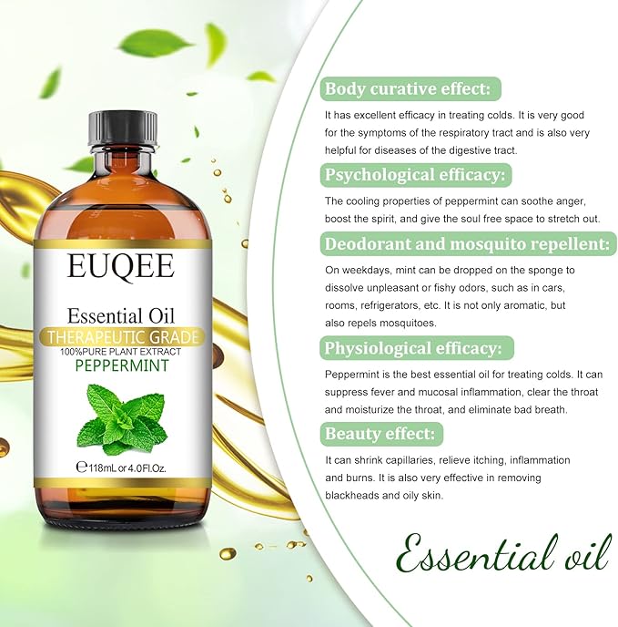 EUQEE Peppermint Essential Oil 118 ml Pure Peppermint Oil with Glass Dropper, Great for Aromatherapy, Diffuser, Soap Candle Making - 4Fl. Oz - Bloomnest