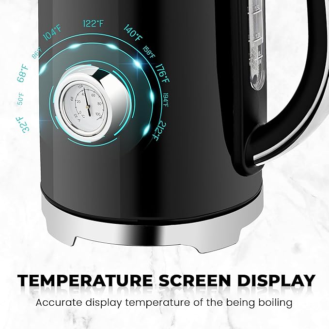 SUSTEAS Electric Kettle Temperature Control - 57oz Hot Water Boiler with Thermometer, 1500W Fast Heating Stainless Steel Tea Kettles, Cordless LED Indicator, Auto Shut-Off & Boil Dry Protection,Black - Bloomnest