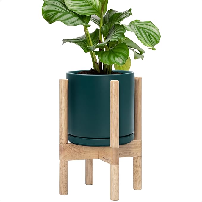 D'vine Dev Ceramic Planter with Natural Stand - 8 Inch Modern Round Flower Pot with Wood Planter Holder, Teal, 55-B-N-4 - Bloomnest