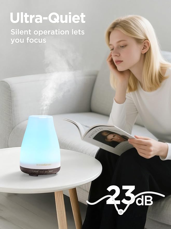 InnoGear Essential Oil Diffuser, Ultrasonic Diffusers for Home Aromatherapy Humidifier for Bedroom Room 7 Colors LED 2 Mist Mode Auto Off, Brown Base - Bloomnest