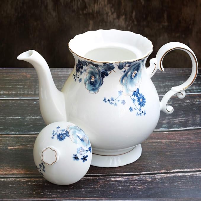 Jomop European Style Ceramic Flower Teapot Coffee Pot Water Pot Porcelain Gift Large 5.5 Cups (1, Blue and White) - Bloomnest