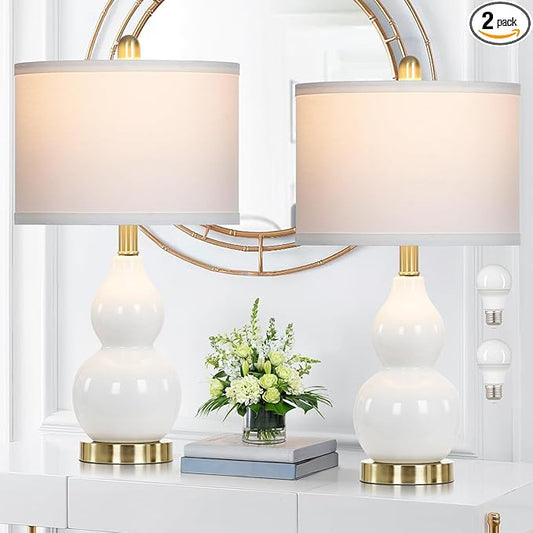 Double Gourd Ceramic Table Lamps Set of 2, Modern White Bedside Lamps for Night Stand, Contemporary Nightstand Lamps for Bedroom Living Room (Bulb Included) - Bloomnest